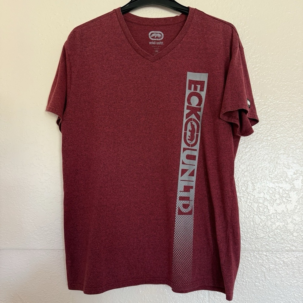 Ecko Unltd Graphic T-Shirt Mens 2XL Burgundy V-Neck Short Sleeve Logo Tee Retro